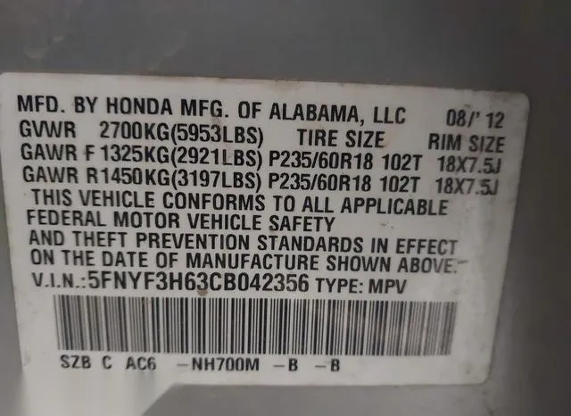 5FNYF3H63CB042356 2012 2012 Honda Pilot- Ex-L 9