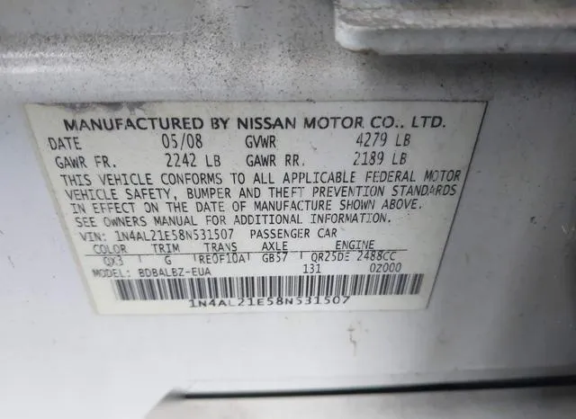 1N4AL21E58N531507 2008 2008 Nissan Altima- 2-5/2-5S 9