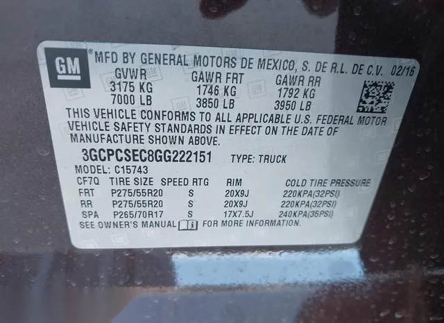 3GCPCSEC8GG222151 2016 2016 Chevrolet Silverado 1500- 1LZ 9