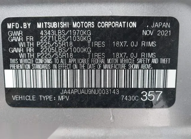 JA4APUAU9NU003143 2022 2022 Mitsubishi Outlander- Sport 2-0 9