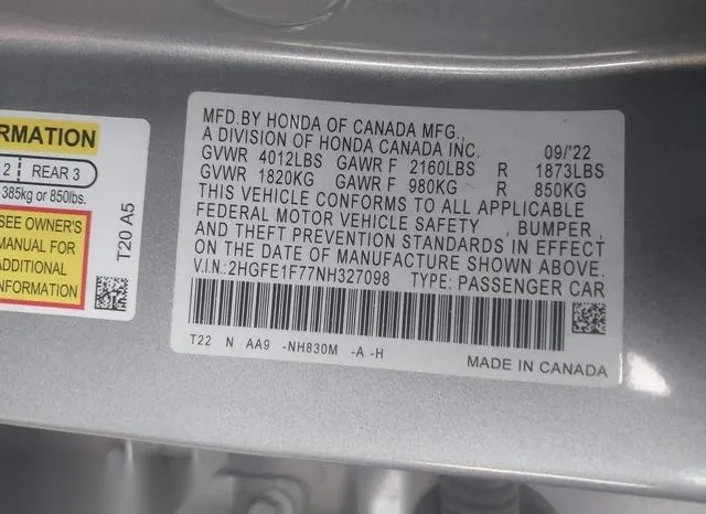 2HGFE1F77NH327098 2022 2022 Honda Civic- EX 9