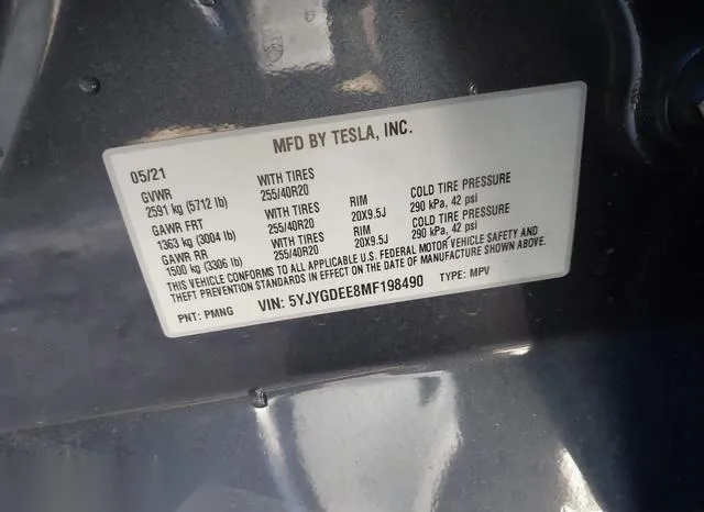 5YJYGDEE8MF198490 2021 2021 Tesla Model Y- Long Range Dual 9