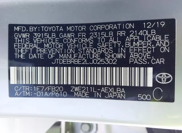 JTDEBRBE2LJ025302 2020 2020 Toyota Corolla- Hybrid Le 9