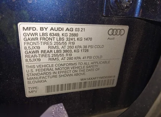 WA1AXAF71MD033818 2021 2021 Audi Q7- Premium 55 Tfsi Quattr 9