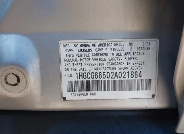 1HGCG66502A021864 2002 2002 Honda Accord- LX 9