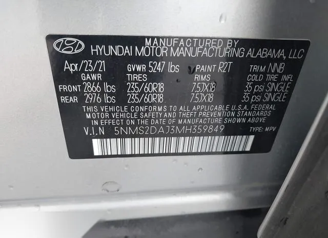 5NMS2DAJ3MH359849 2021 2021 Hyundai Santa Fe- Sel 9