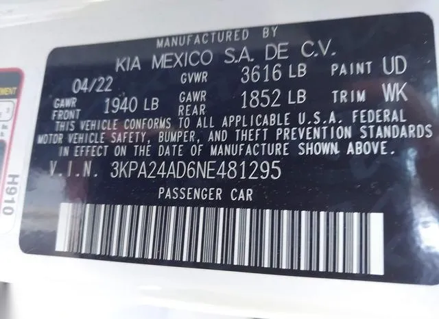 3KPA24AD6NE481295 2022 2022 KIA Rio- S 9