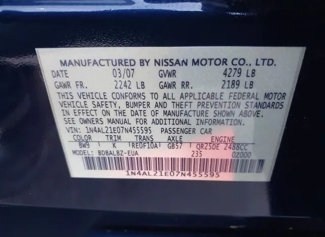 1N4AL21E07N455595 2007 2007 Nissan Altima- 2-5 S 9