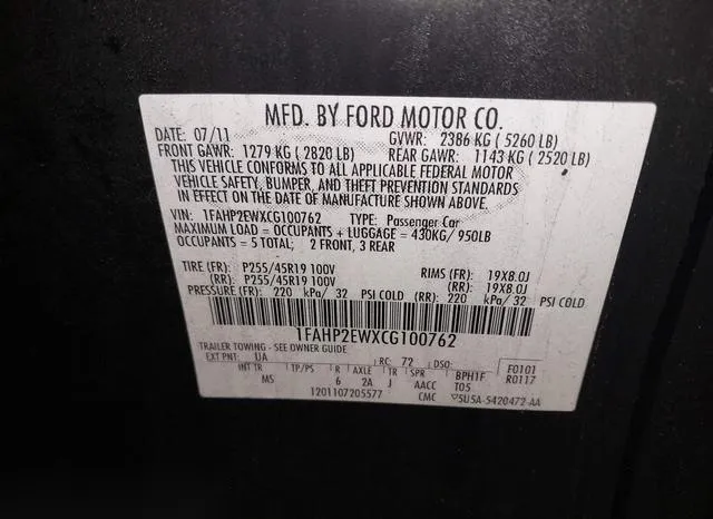 1FAHP2EWXCG100762 2012 2012 Ford Taurus- Sel 9