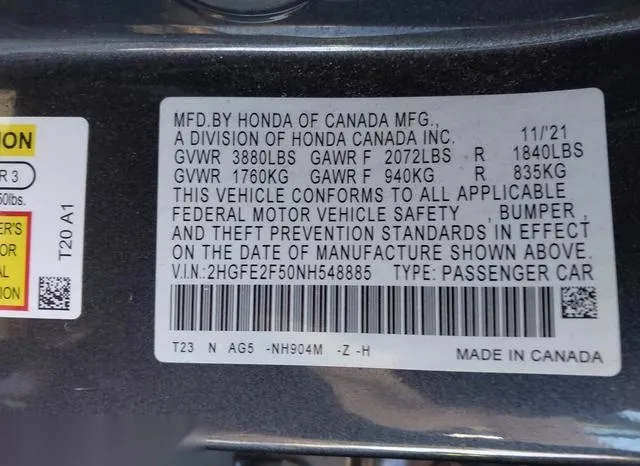 2HGFE2F50NH548885 2022 2022 Honda Civic- Sport 9