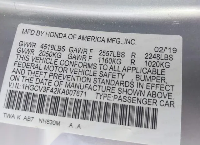 1HGCV3F42KA007671 2019 2019 Honda Accord- Hybrid EX 9