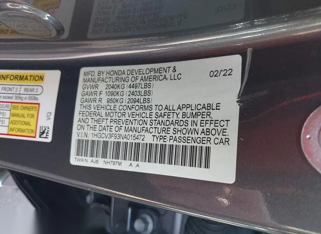 1HGCV3F93NA015472 2022 2022 Honda Accord- Hybrid Touring 9