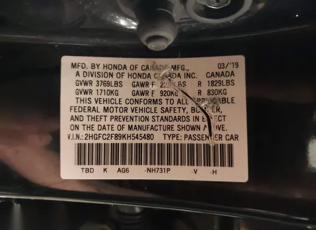 2HGFC2F89KH545480 2019 2019 Honda Civic- Sport 9