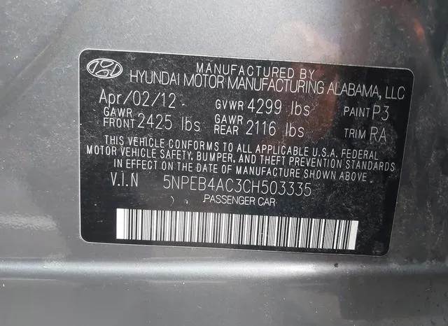 5NPEB4AC3CH503335 2012 2012 Hyundai Sonata- Gls 9