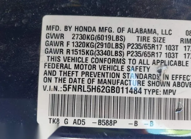 5FNRL5H62GB011484 2016 2016 Honda Odyssey- Ex-L 9