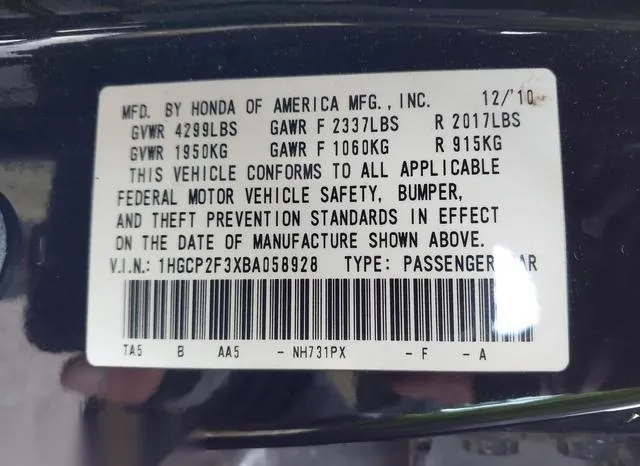 1HGCP2F3XBA058928 2011 2011 Honda Accord- 2-4 LX 9