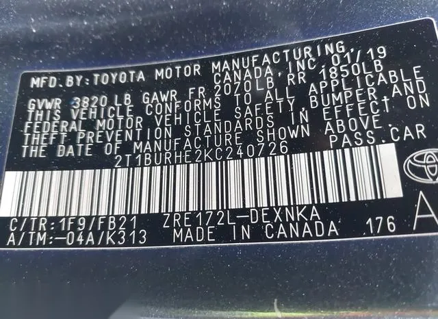 2T1BURHE2KC240726 2019 2019 Toyota Corolla- LE 9