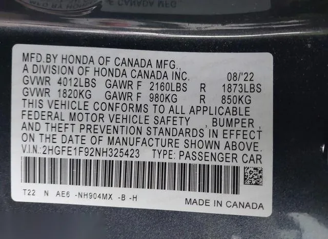 2HGFE1F92NH325423 2022 2022 Honda Civic- Touring 9