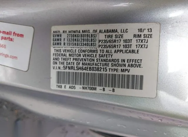 5FNRL5H64EB038215 2014 2014 Honda Odyssey- Ex-L 9