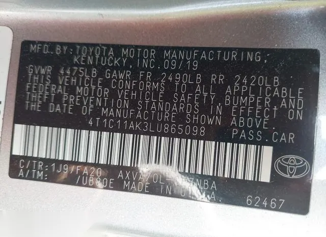 4T1C11AK3LU865098 2020 2020 Toyota Camry- LE 9