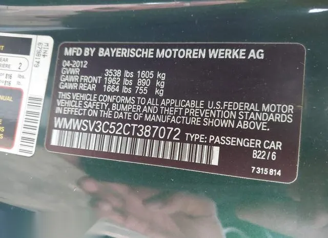 WMWSV3C52CT387072 2012 2012 Mini Cooper S 9