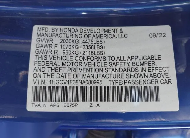 1HGCV1F38NA080995 2022 2022 Honda Accord- Sport 9