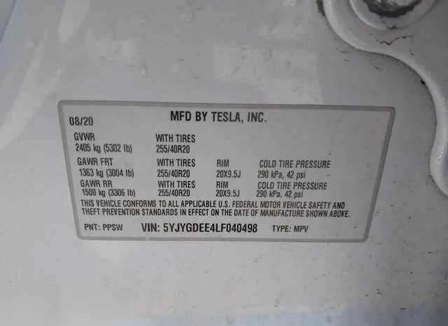 5YJYGDEE4LF040498 2020 2020 Tesla Model Y- Long Range Dual 9