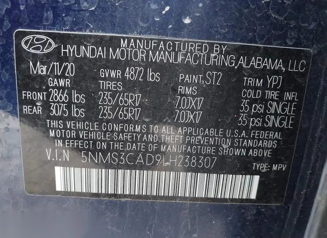 5NMS3CAD9LH238307 2020 2020 Hyundai Santa Fe- Sel 9