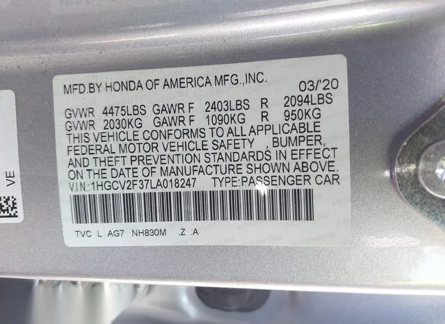 1HGCV2F37LA018247 2020 2020 Honda Accord- Sport 2-0T 9