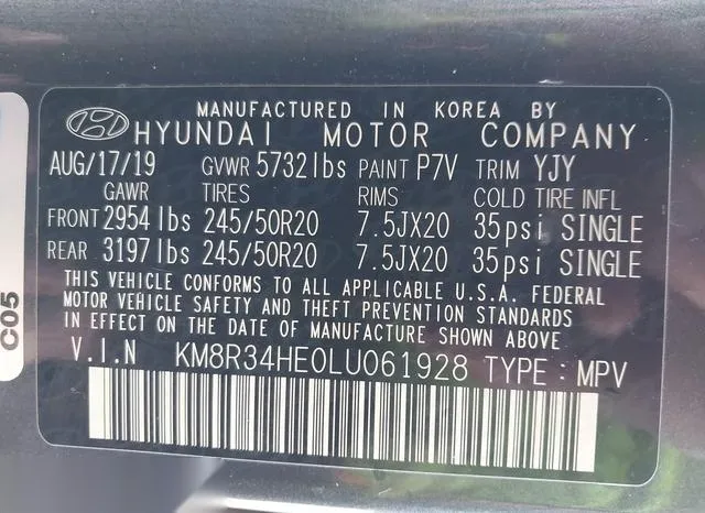 KM8R34HE0LU061928 2020 2020 Hyundai Palisade- Sel 9