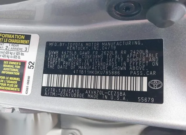 4T1B11HK0KU785886 2019 2019 Toyota Camry- SE 9