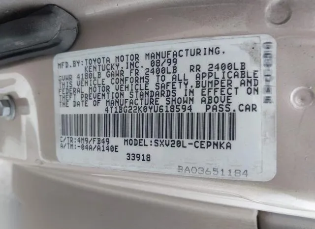 4T1BG22K0YU618594 2000 2000 Toyota Camry- LE 9