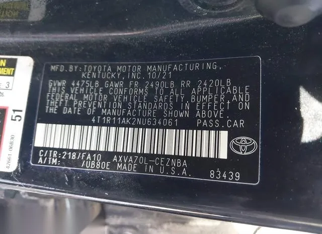 4T1R11AK2NU634061 2022 2022 Toyota Camry- LE 9