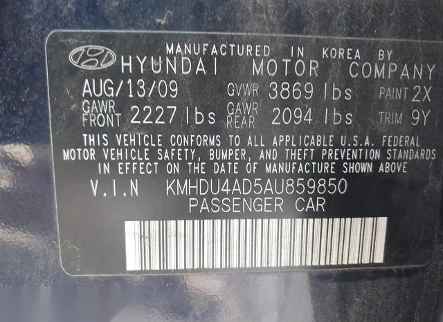 KMHDU4AD5AU859850 2010 2010 Hyundai Elantra- Gls 9