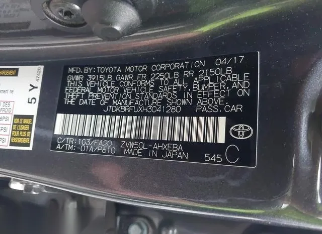 JTDKBRFUXH3041280 2017 2017 Toyota Prius- Two 9