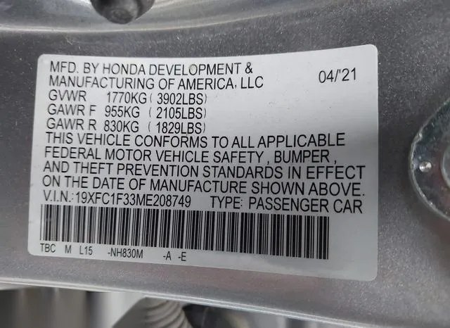 19XFC1F33ME208749 2021 2021 Honda Civic- EX 9