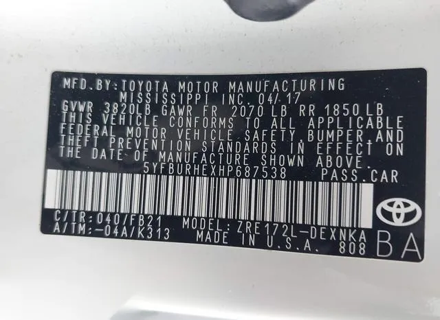 5YFBURHEXHP687538 2017 2017 Toyota Corolla- LE 9