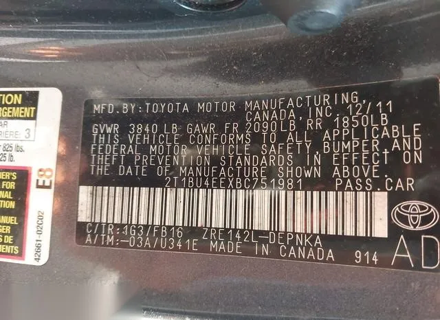 2T1BU4EEXBC751981 2011 2011 Toyota Corolla- LE 9