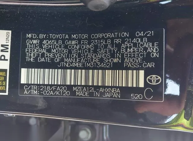 JTND4MBE1M3134621 2021 2021 Toyota Corolla- Se Nightshade E 9