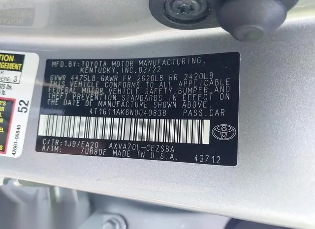 4T1G11AK6NU040838 2022 2022 Toyota Camry- SE 9