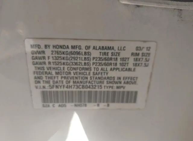 5FNYF4H73CB043215 2012 2012 Honda Pilot- Ex-L 9