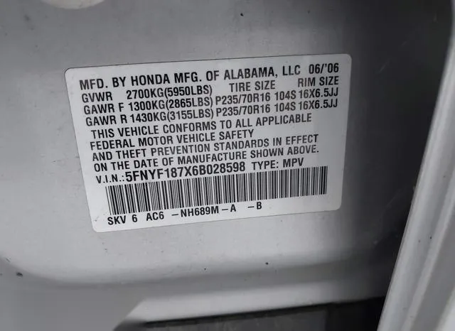 5FNYF187X6B028598 2006 2006 Honda Pilot- Ex-L 9