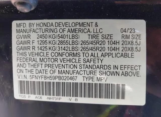 5FNYF8H59PB020467 2023 2023 Honda Passport- Awd Ex-L 9