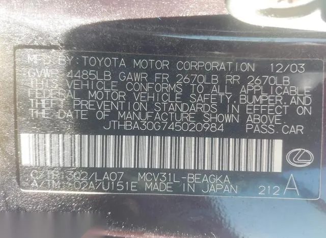 JTHBA30G745020984 2004 2004 Lexus ES- 330 9