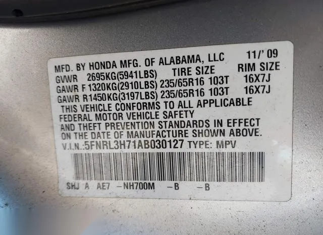 5FNRL3H71AB030127 2010 2010 Honda Odyssey- Ex-L 9