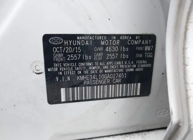 KMHE34L10GA027451 2016 2016 Hyundai Sonata- Hybrid Limited 9