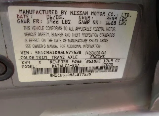 3N1CB51D85L577538 2005 2005 Nissan Sentra- 1-8 9