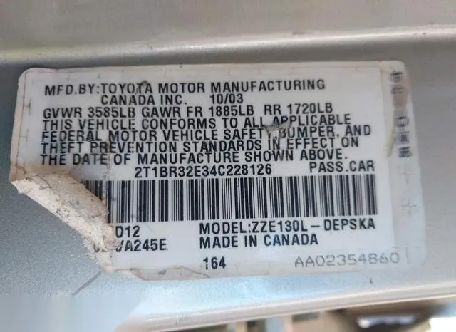 2T1BR32E34C228126 2004 2004 Toyota Corolla- S 9