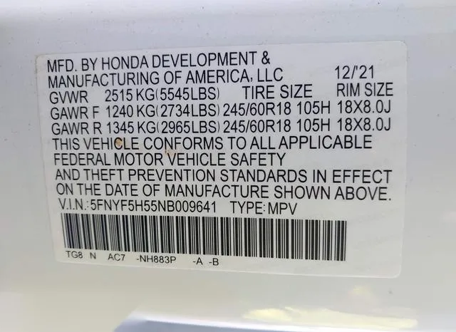 5FNYF5H55NB009641 2022 2022 Honda Pilot- 2Wd Ex-L 9