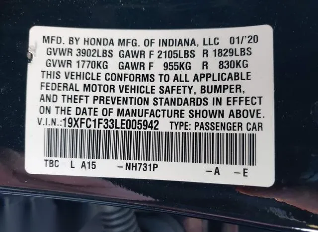 19XFC1F33LE005942 2020 2020 Honda Civic- EX 9